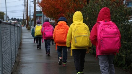 Children Walking Together Wearing Bright Backpacks on a Rainy Day in Autumn