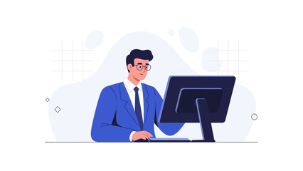 Businessman Working on Computer - Modern Office Illustration