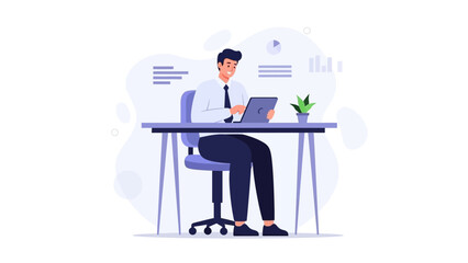 Fototapeta premium Businessman working on tablet at desk with charts and plant