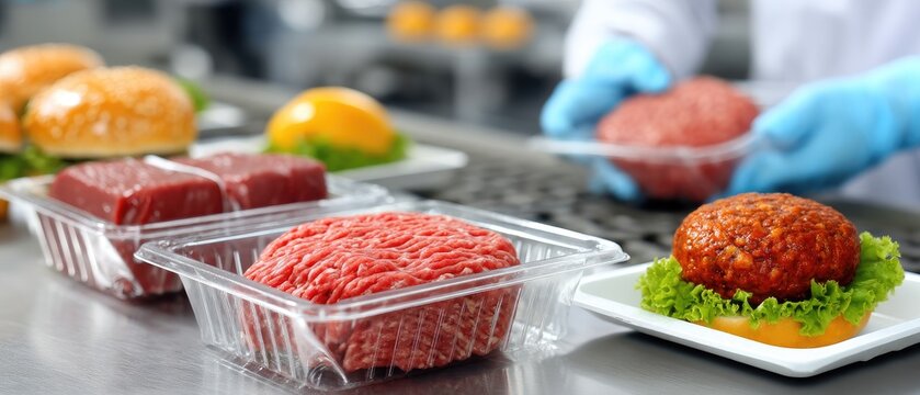 Ground beef being packed in containers with chicken patty on production line at meat factory with workers in blue gloves