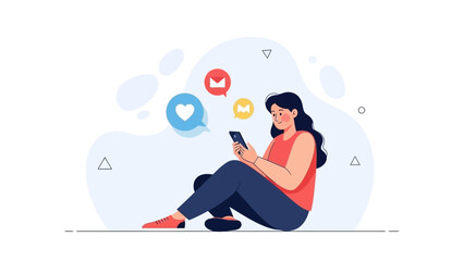 Obraz premium Woman using smartphone, social media notifications, online communication concept