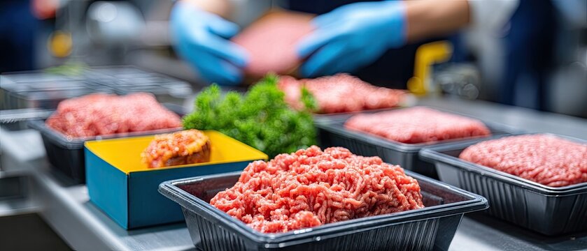 Raw ground beef is placed into plastic containers for packaging at a meat factory with a colored tray of chicken patty on a production line