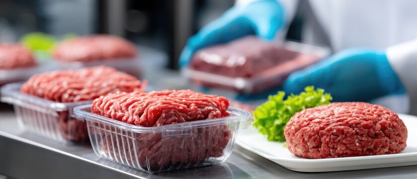 Raw ground beef is placed into plastic containers for packaging at a meat factory with a colorful tray and a chicken patty in the background