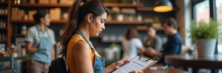 Fototapeta premium Young woman reading menu in cozy cafe with inviting decor and warm lighting, surrounded by people socializing in the background. Cafe atmosphere enhances relaxing dining experience for patrons.