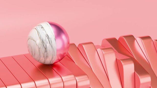 3D Satisfying Motion Graphic of a Marble Ball Rolling on Rose Gold Blocks. 4K