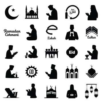 Islamic icons depicting Ramadan prayer mosque crescent moon and various religious symbols
