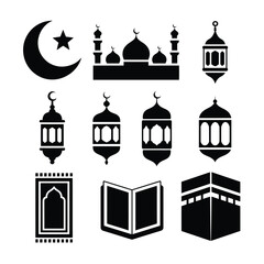 Obraz premium Islamic symbols collection featuring crescent moon mosque lanterns kaaba and open book illustration