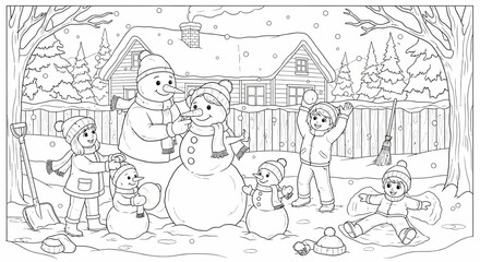 Obraz premium Children Building Snowman in Winter Scene.