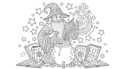 Naklejka premium Witch stirring cauldron with magic cards nearby.