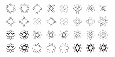 Collection of intricate geometric black and white circular designs arranged neatly