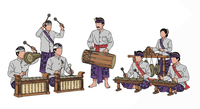 Illustration of a group of musicians playing traditional instruments in traditional attire on a white background with a cultural and musical theme.