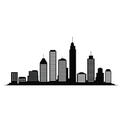 Fototapeta premium Black silhouette of a modern cityscape skyline featuring numerous high rise buildings against a white