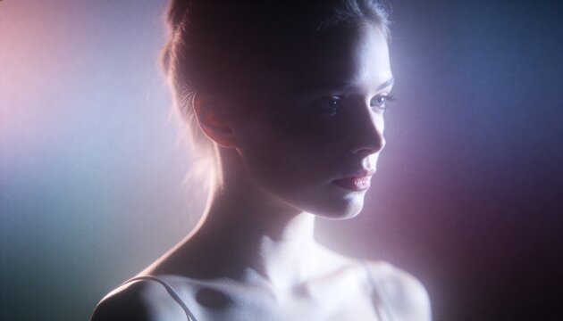 Turning model wearing strap top showing bare shoulders in studio, rim lights and haze, copy space