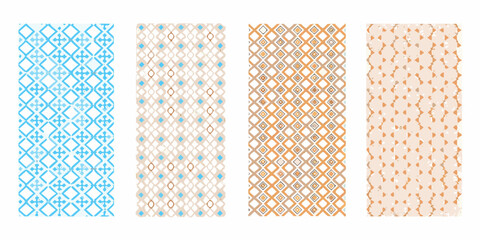 Four vertical panels displaying repeating geometric patterns in varying colors