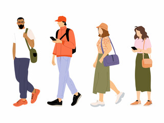 Obraz premium Five diverse individuals depicted in a minimalist vector illustration walking and using phones