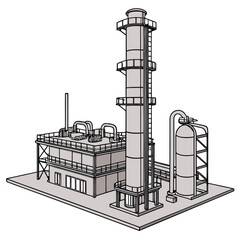 Industrial building with a tall smokestack and silo © yyy