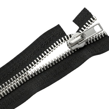 Close-up of a partially unzipped black zipper with silver teeth.