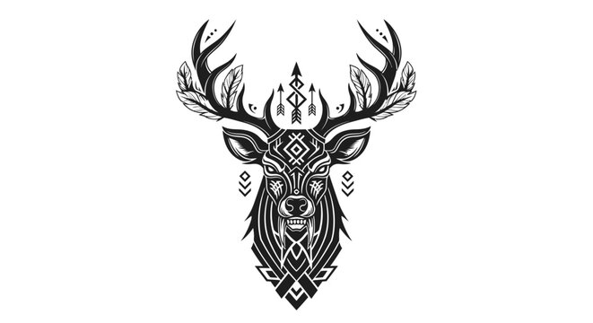 Intricate Deer Head Illustration with Antlers.