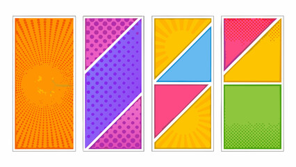 Four vertical comic book panels with vibrant colors and halftone patterns in a row