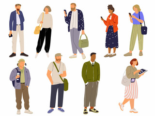 Fototapeta premium A diverse group of people standing and looking at their mobile phones in a vector illustration