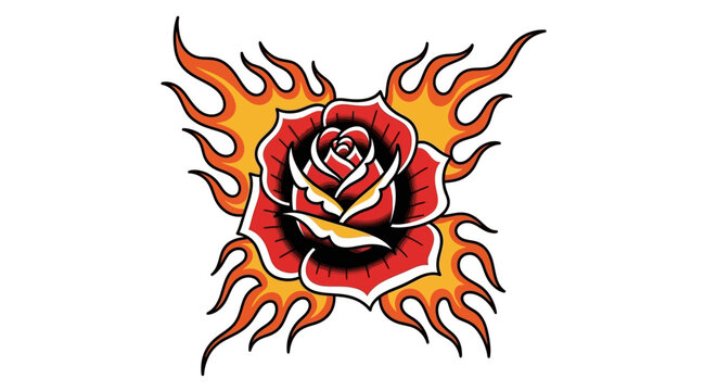 Tattoo Style Rose with Flames Design.