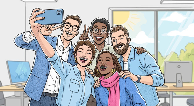 Group of Diverse Friends Taking Selfie Together.