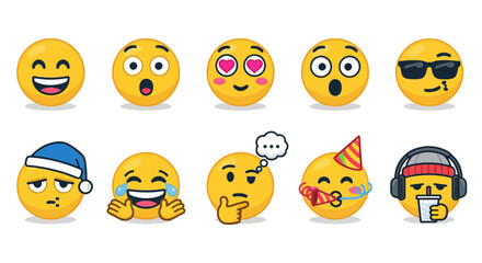Vibrant Vector Emoticon Set Diverse Expressive Cartoon Emoji Faces Depicting Moods, Feelings, and Reactions for Digital Communication and Creative Use