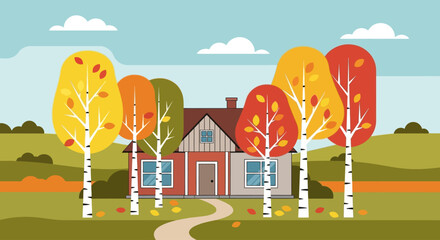 A charming red house nestled among colorful autumn trees with a winding path leading to its entrance.