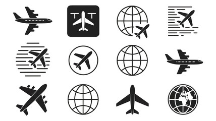 Airplane and Globe Icon Set, Modern Travel and Aviation Symbol Collection, Global Tourism, Flight Routes, International Business, Logistics, and Transportation Vector Illustration © RPO YEN