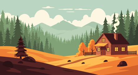 A cozy wooden cabin nestled in a serene forest landscape with rolling hills and distant mountains under a pale sky.