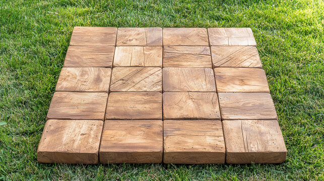 Wooden blocks arranged in a rectangular grid pattern on green grass outdoors.