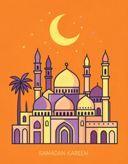 An illustration depicting a stylized cityscape under a crescent moon, presented on an orange background