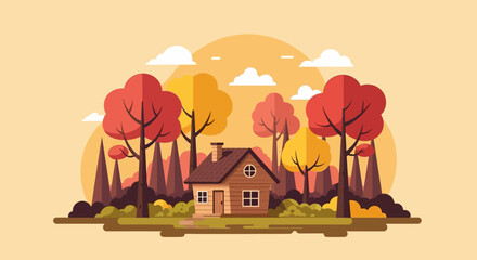 Cozy house nestled among vibrant autumn trees with a warm, inviting atmosphere.