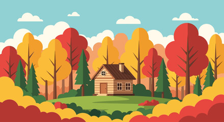 A cozy log cabin nestled in a vibrant autumn forest with colorful trees and a bright blue sky.