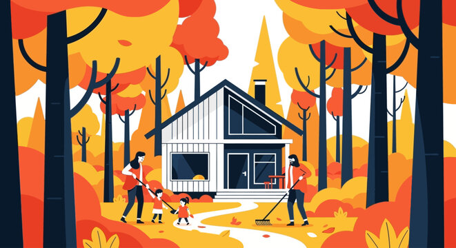 A family raking autumn leaves in front of a modern house surrounded by vibrant fall trees.