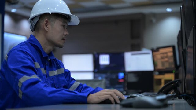 Engineer computer working at control room,Manager control system,Technician man monitoring program from a lot of monitor
