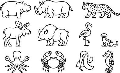 Obraz premium Black and white animal line art vector set, wildlife safari marine outline illustration collection