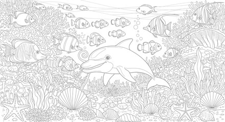Fototapeta premium Dolphin Swimming with Fish in Ocean Scene.