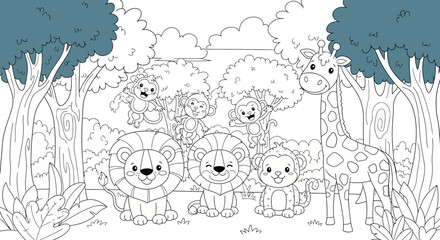 Obraz premium Cartoon Animals in Forest Illustration.