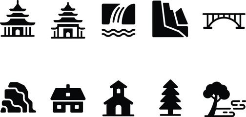 Fototapeta premium Black and white minimalist Japan landmark icon set, temple waterfall bridge house tree vector collection