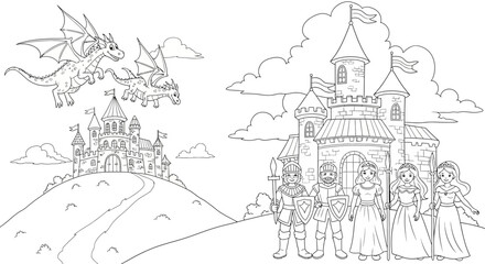 Obraz premium Fantasy Dragon Flying Over Castle Illustration.