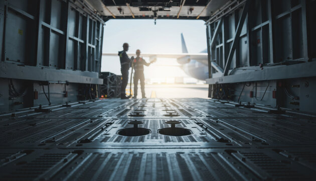 Air cargo plane interior with logistics ground crew