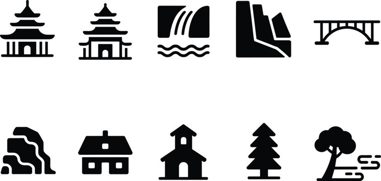 Black and white minimalist Japan landmark icon set, temple waterfall bridge house tree vector collection