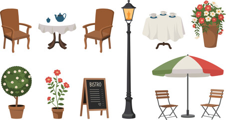 European street cafe flat vector set, bistro furniture lamp umbrella table chairs illustration collection © Gaja