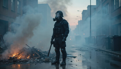 Obraz premium Riot control officer standing in chaotic street with smoke and fire