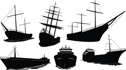 Various types of ships and boats in black and white silhouette © Frd Art