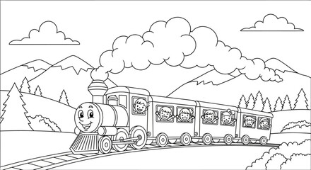 Cartoon Train Engine with Coach Cars Illustration. © loxia stock image