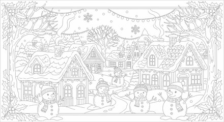 Obraz premium Detailed Pencil Drawing of Snowmen and Houses.
