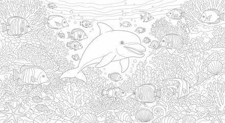 Dolphin Illustration Line Art Ocean Scene. © loxia stock image