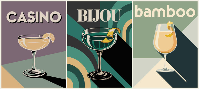 Vintage inspired art deco cocktail posters featuring Casino, Bijou and Bamboo drinks with geometric backgrounds and bold shadows.